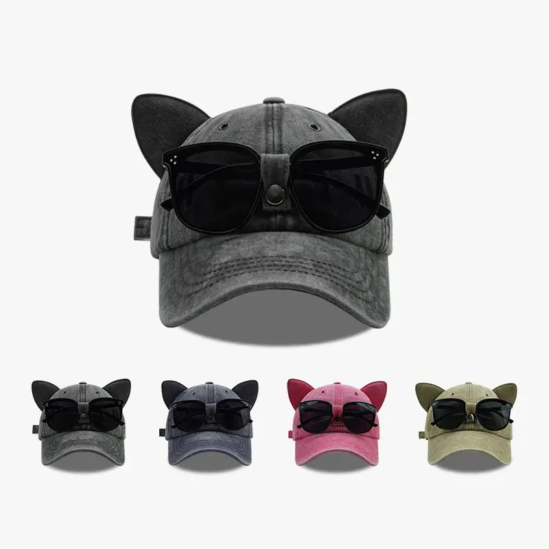 

New Cute Cat Ears Pilot Hat With Glasses Baseball Cap Water Washed Baseball Cap Adjustable Outdoor Sunshade Sun Hats Unisex Gift