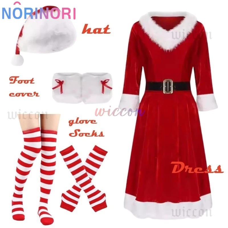 Disfraz navideño de Papá Noel de terciopelo, vestido de fiesta de Navidad, calcetines, cinturón, traje de Cosplay
