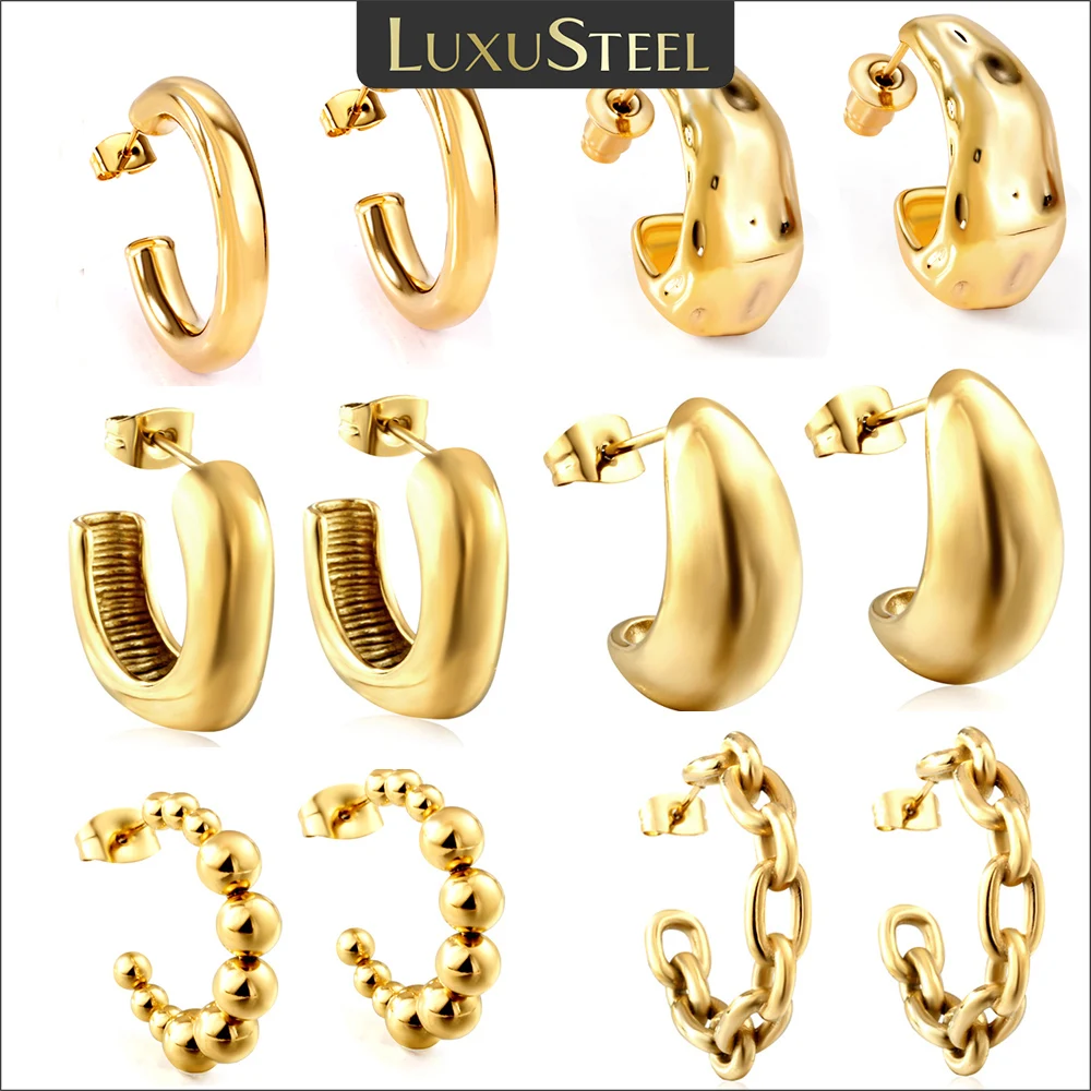 LUXUSTEEL Stylish C Shaped Women Hoop Earrings Golden Plated Stainless Steel Beads Square Rolo Dangle Ear Jewelry Gift for Her