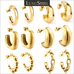 LUXUSTEEL Stylish C Shaped Women Hoop Earrings Golden Plated Stainless Steel Beads Square Rolo Dangle Ear Jewelry Gift for Her