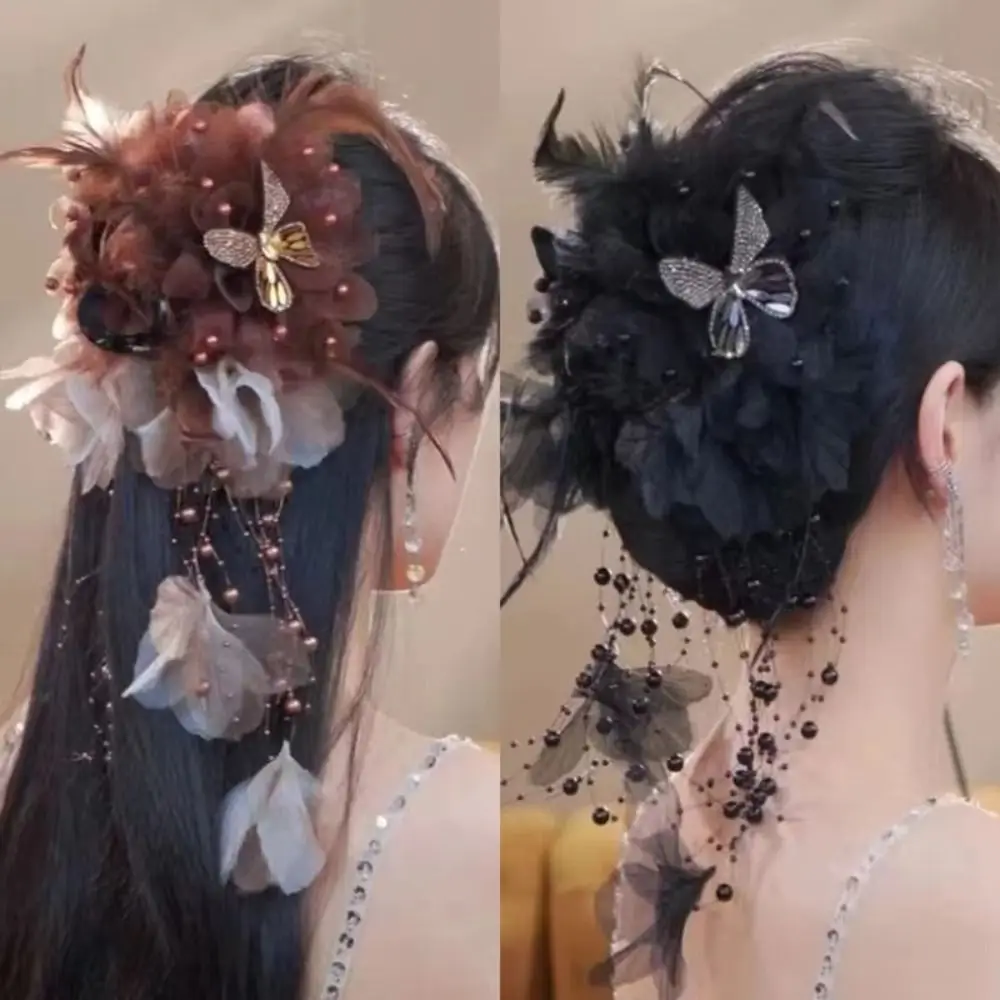 

Elegant Cloth Grasping Clip Feather Flower Pearls Tassel Hair Accessories Four Flowers Bow Hairgrips for Girl