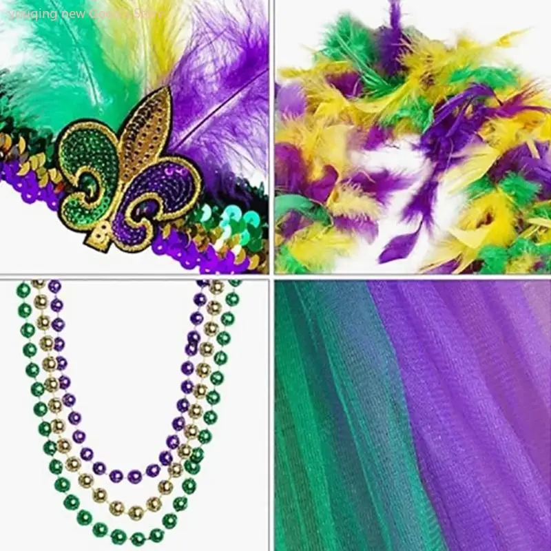 

49ME Mardi Gras Costume Set Accessories for Carnival Celebration Sequins Hat Bead Necklace Face Mask Fat Tuesday Decoration