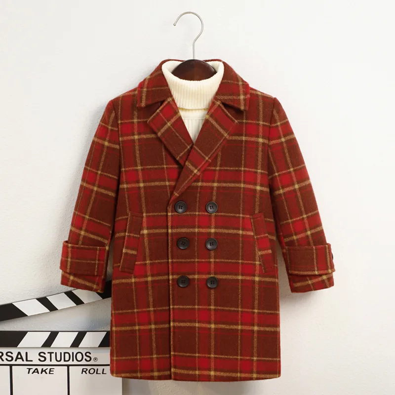 Boys Plaid Woolen Blends Coats for Autumn Winter New Fashion Plus Cotton Warm Turn Collar Long Outerwear Teen Children Clothes