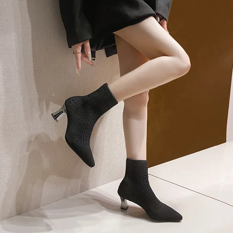 Size 42 Women Ankle Boots  High Heels Pumps Fall Fashion Comfort Stretch Fabric Sock Boot Femme Party Dress Shoes