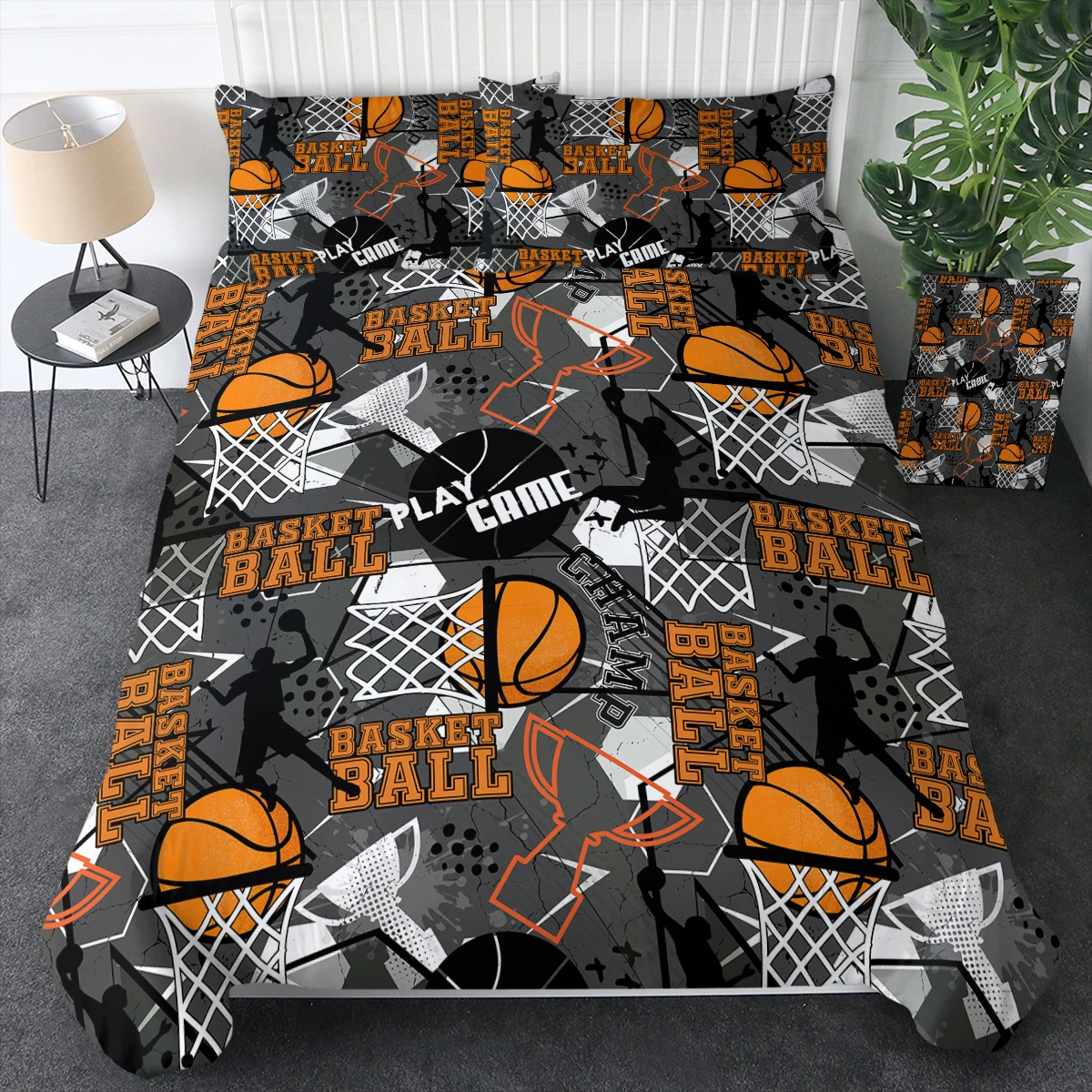 3pc Sports Blanket Printed with basketballs and trophies Bedding Set with Zipper Closure 1 Duvet Cover and 2 Pillow Cases