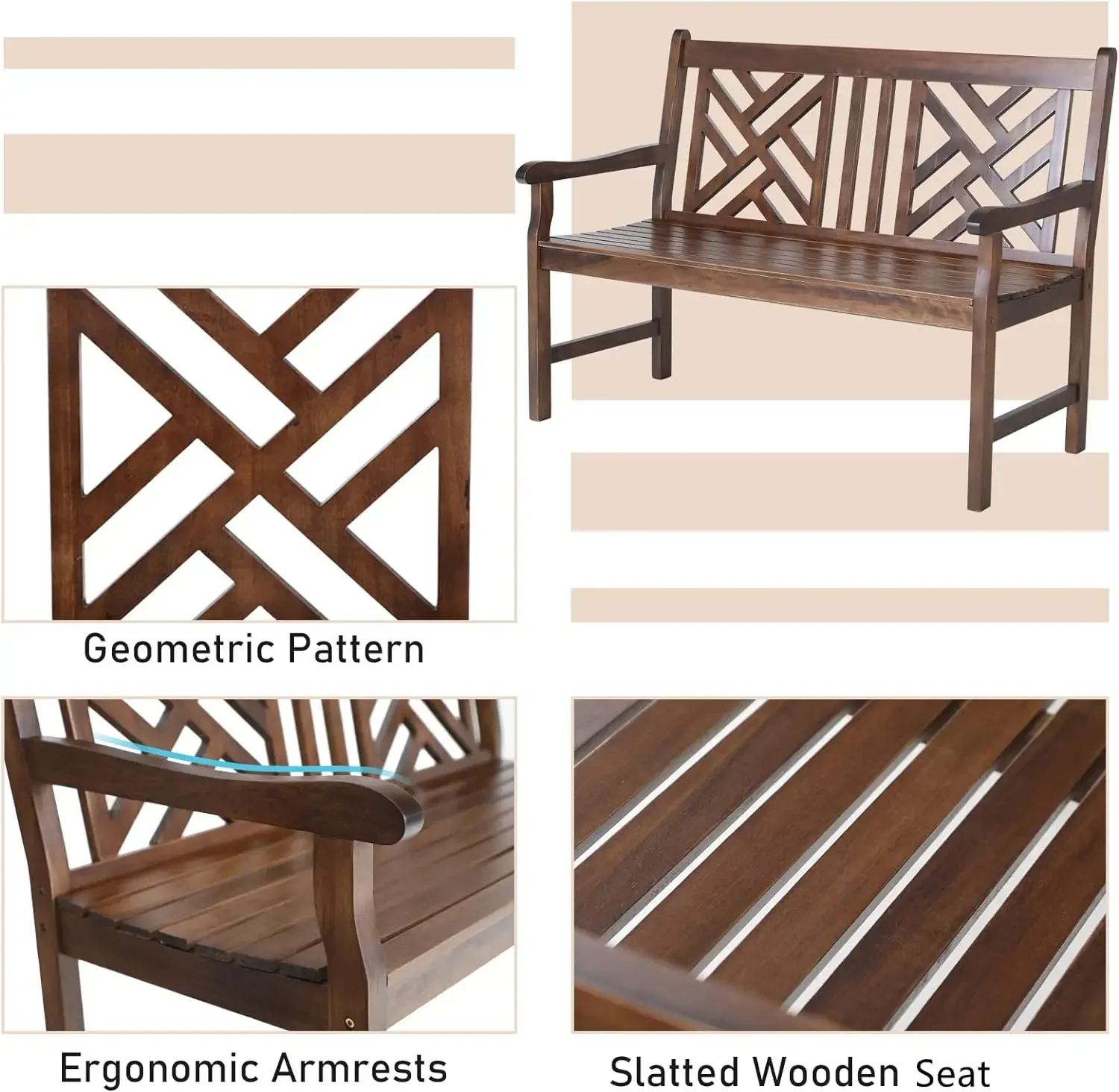 Outdoor Acacia Houten Tuinbank Met Rugleuning & Armsteun, 2-persoons Lamellenbank Terrasmeubilair Voor Veranda, Park, Tuin (Bruin)