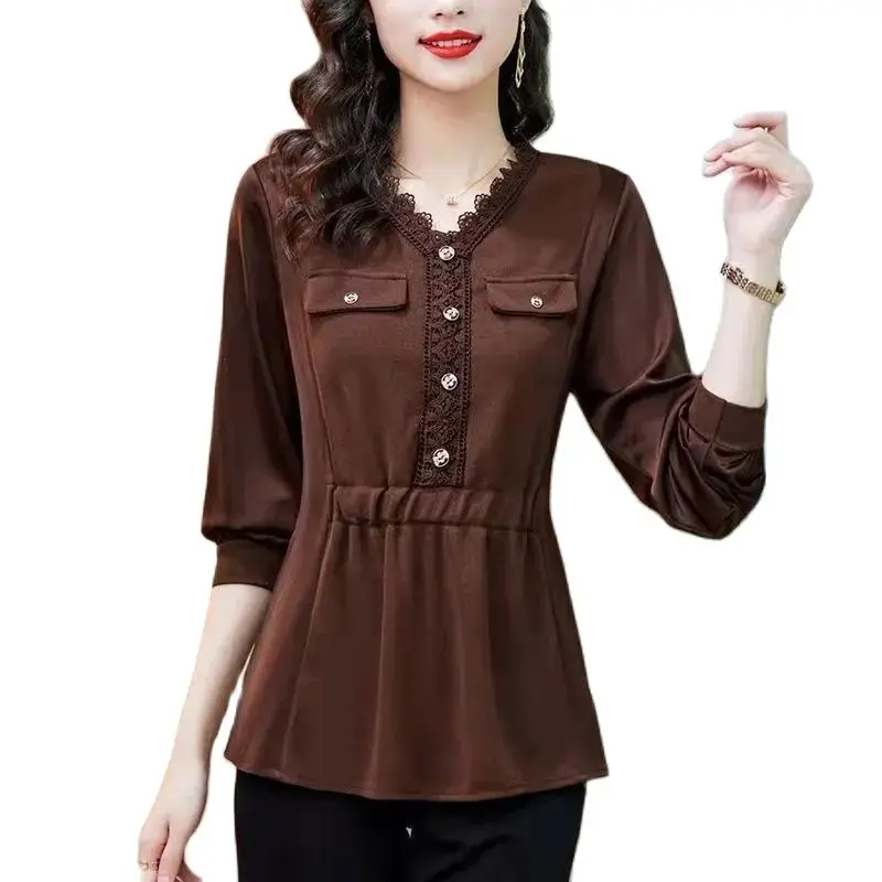 

2022 New Spring Autumn Women's Shirt Medium Long Loose Age Reduction Show Thin Leisure Splicing Chic Long Sleeves Ladies Tops