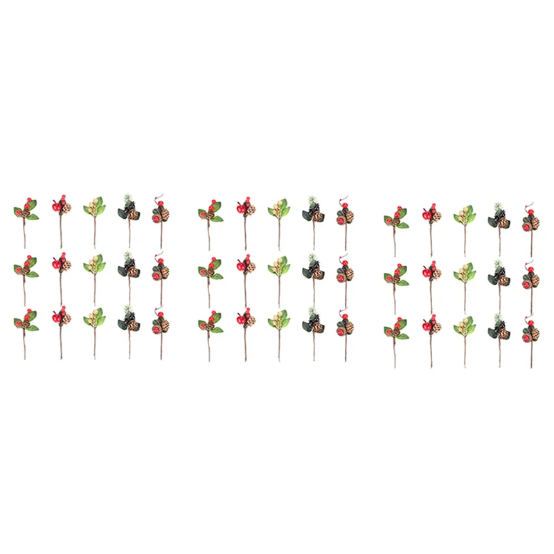 AC23-45Pcs Red Christmas Berry And Pine Cone Picks With Holly Branches For Holiday Floral Decor Flower Crafts