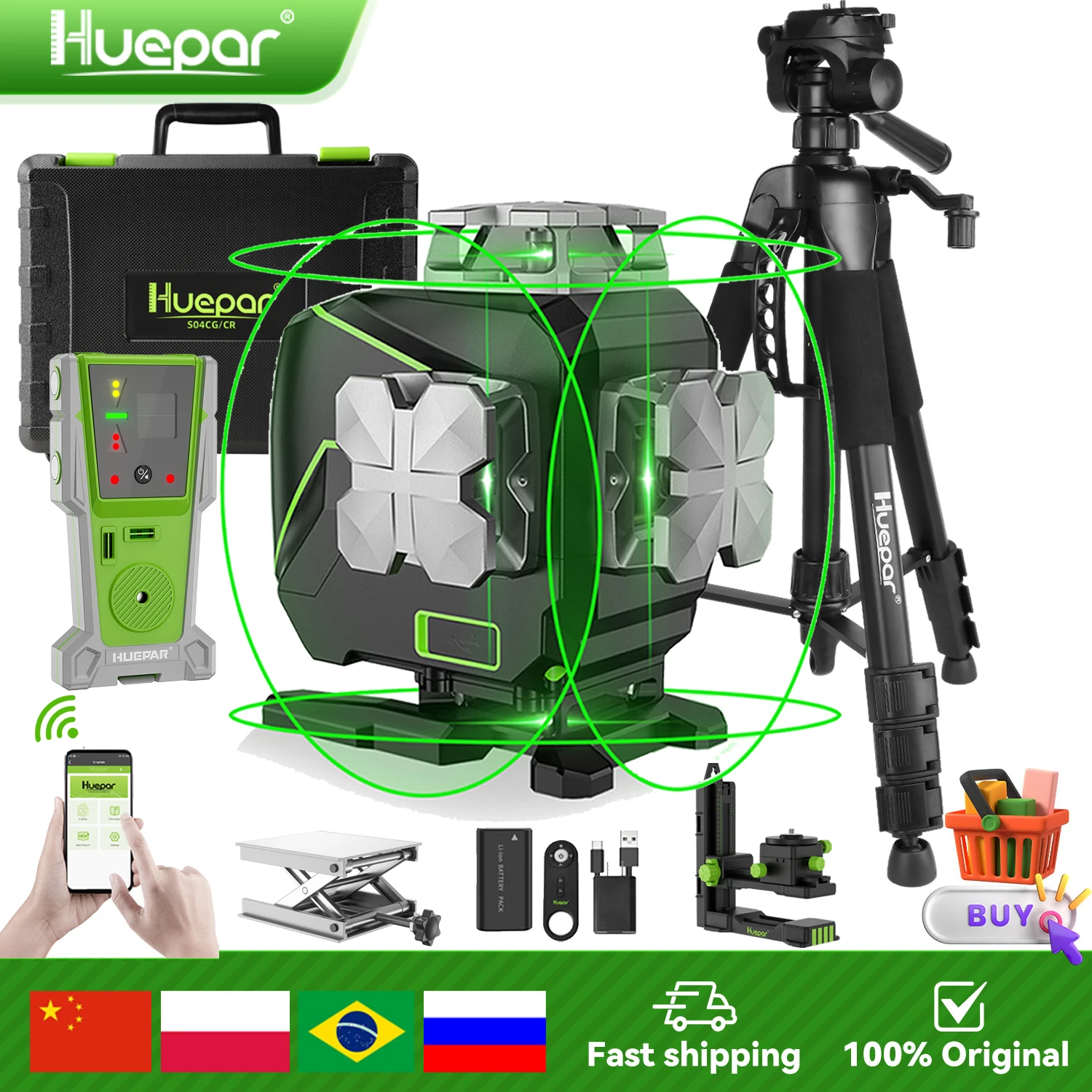 Huepar S04CG-C Livello laser verde 4D Strumenti laser a linee incrociate autolivellanti con rilevatore, display LCD, telecomando, Bluetooth e staffa