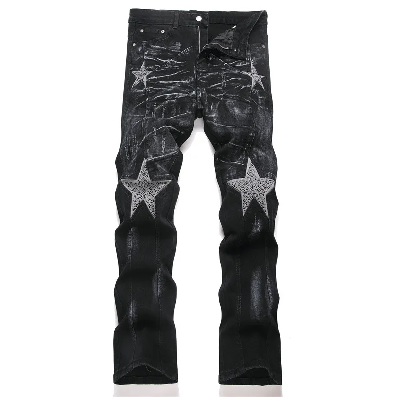 

Men's Fashion High Streetwear Jeans Pants With Pearls Patchwork Stretchy Denim Trousers Stright Fit Personality Design Jeans