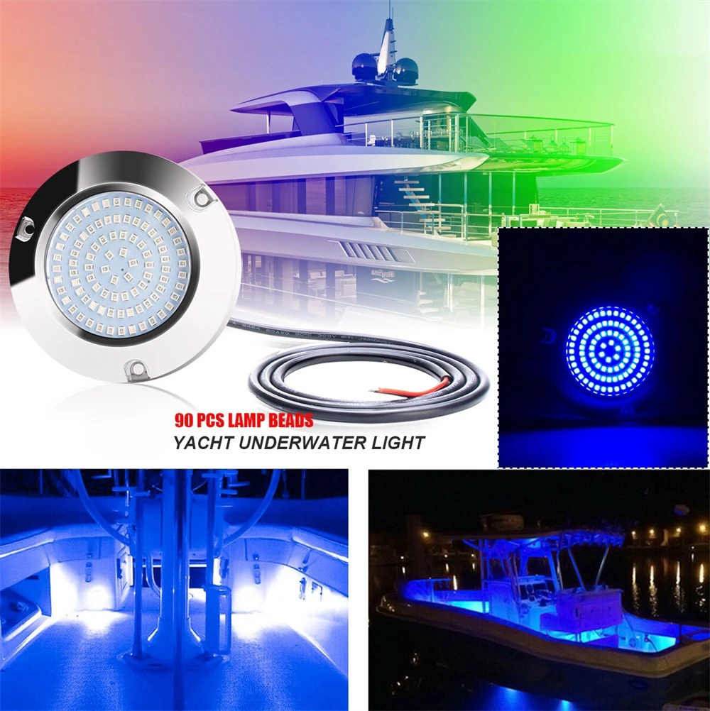 2PCS Boat Lighting Underwater Marine Light Subnautica Sailing Boat Speedboat 90LED 12v 24v 60W Stainless Steel Transom Light