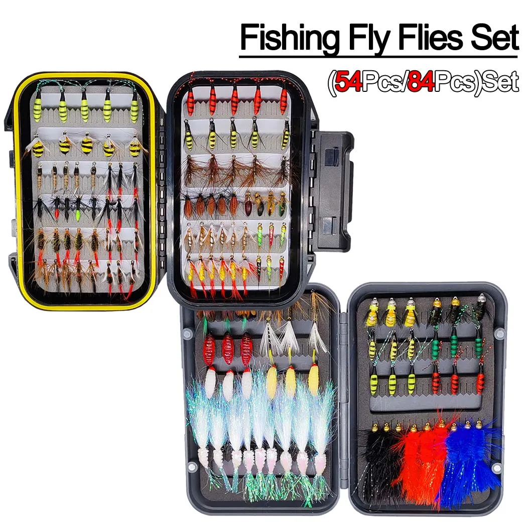 

Trout Salmon Fly Fishing Flies Kit 54/84Pcs/Box Artificial Combination Nymph Dry Wet Flies Fishing Fly Lure Bait