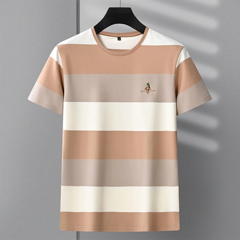 Luxury brand striped fashionable embroidered short sleeved T-shirt for men\'s top summer pure cotton contrasting casual T-shirt