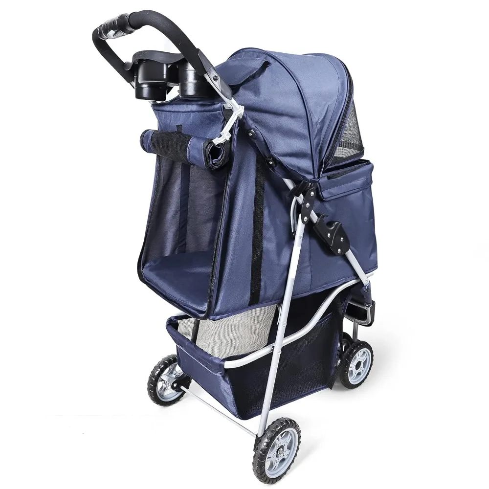 Kinderwagen für kleine mittelgroße Hunde und Katzen, 3-Rad-Kinderwagen zusammen klappbar flexibel leicht zu tragen für Jogger Jogging Walking Travel