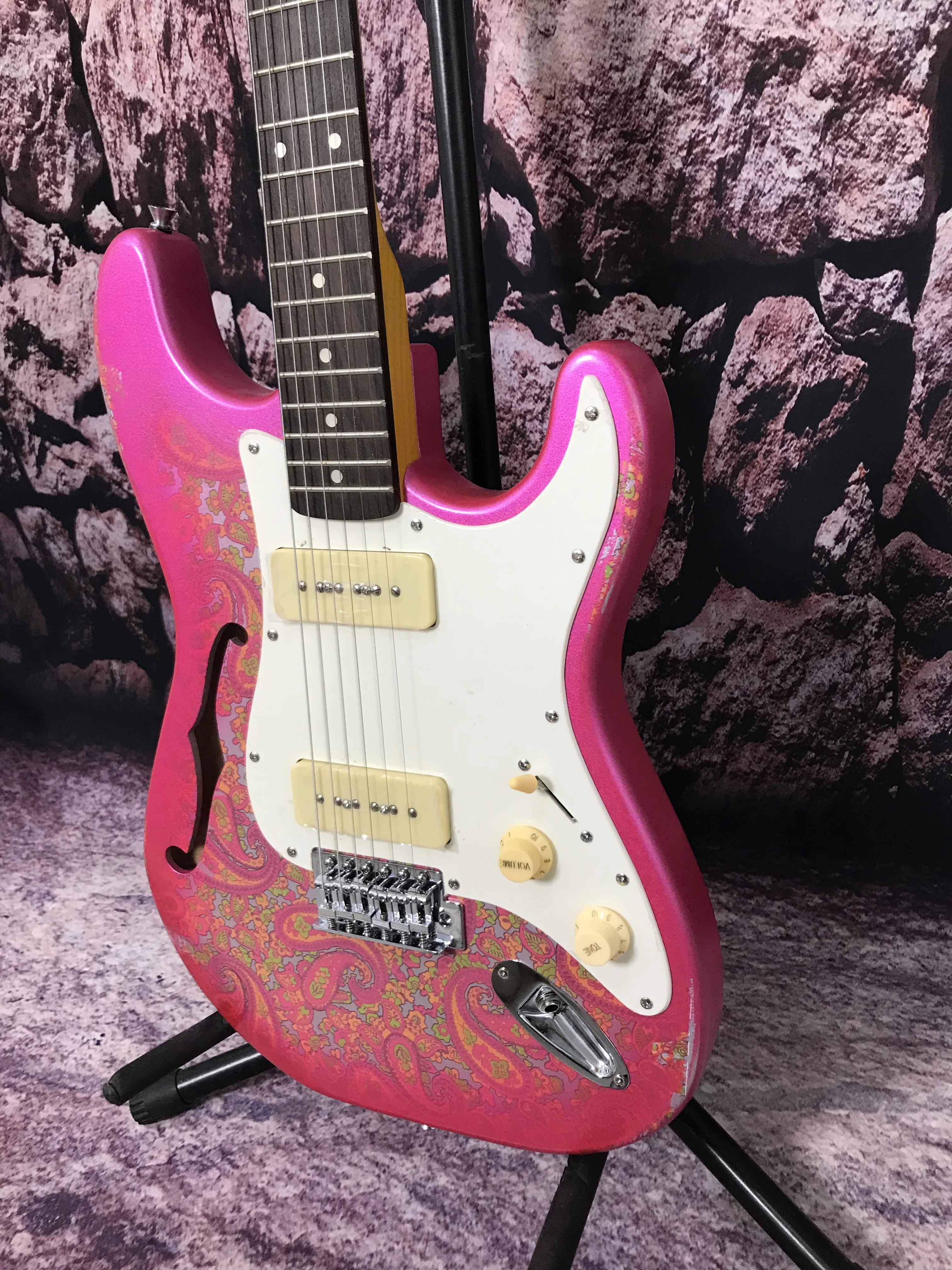 Factory Custom electric guitar half hollow body  pink color light relic Paisley