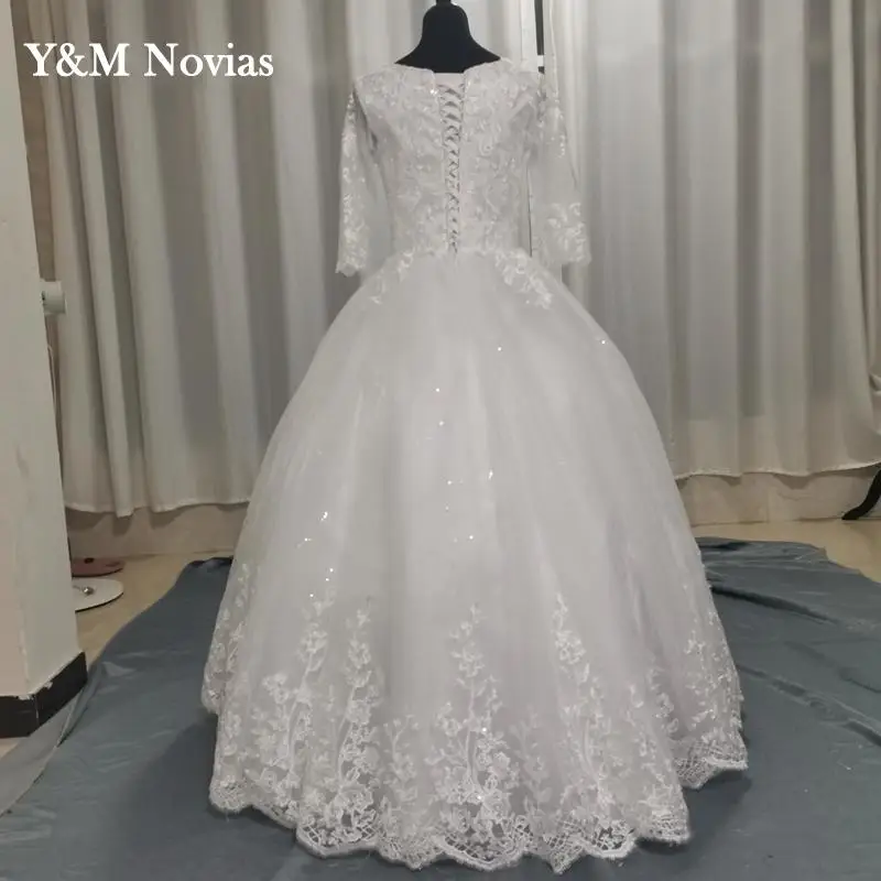 Gaun Pengantin Manis Leher-o Muslim Opaque Video Asli dengan Lengan Panjang Renda Bordir Melatih Kustom Ukuran Besar Vestido De Noiva