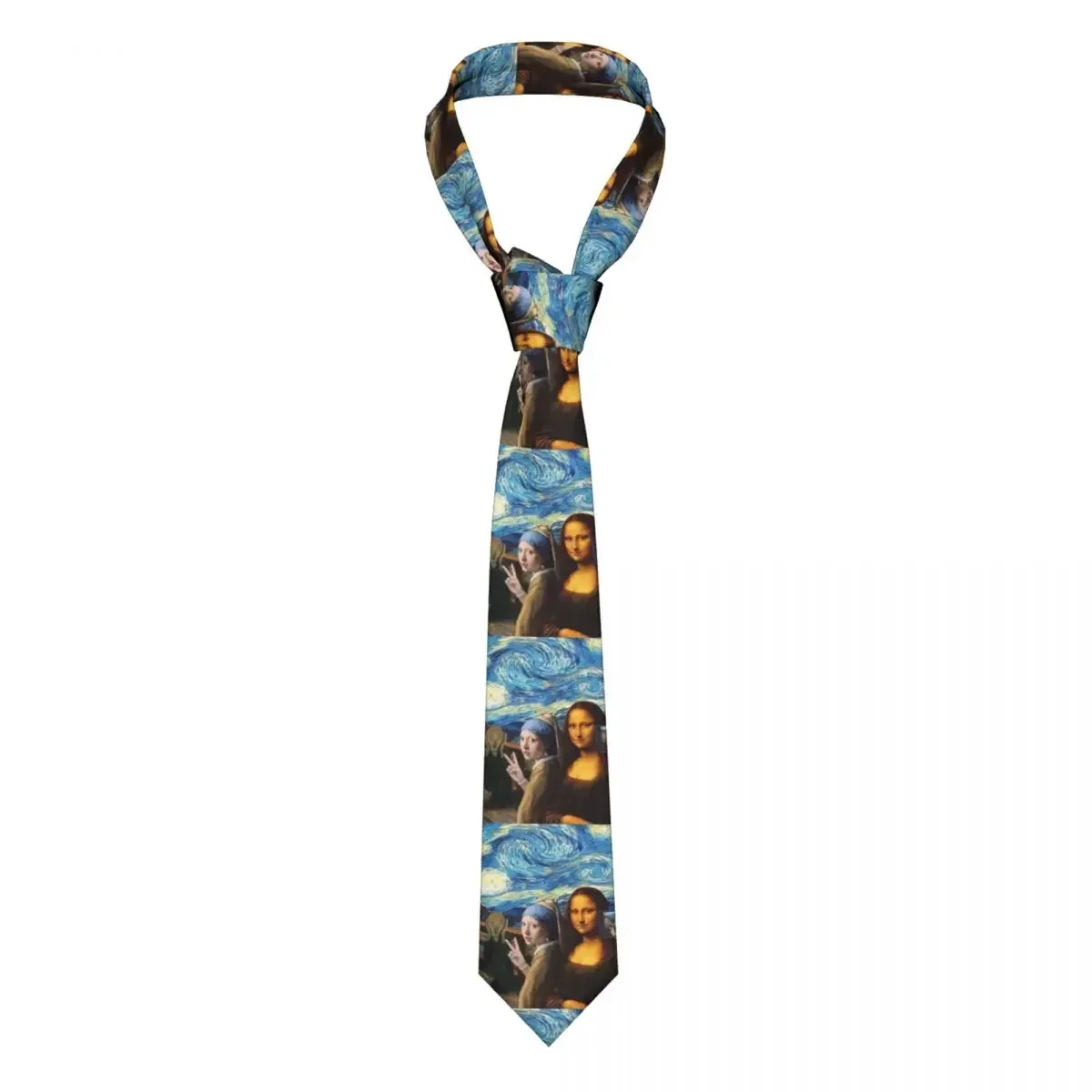 Custom Starry Night By Mona Lisa And Vincent Van Gogh Ties Mens Classic Silk Art Painting Neckties for Office