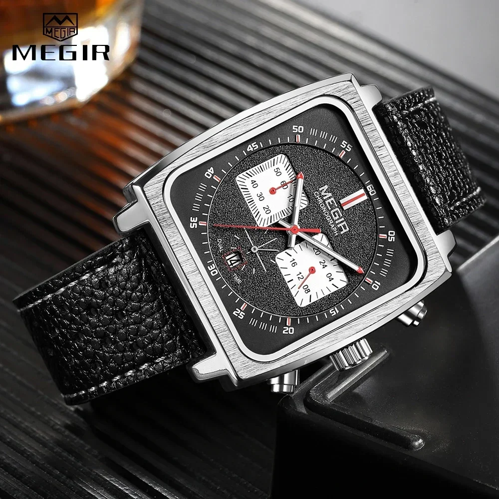 MEGIR Herren-Armbanduhr aus Edelstahl, Quarzuhr, Business-Chronograph, Winkel-Armbanduhr für Herren, wasserdicht, leuchtend, mit Datum, 24 Stunden