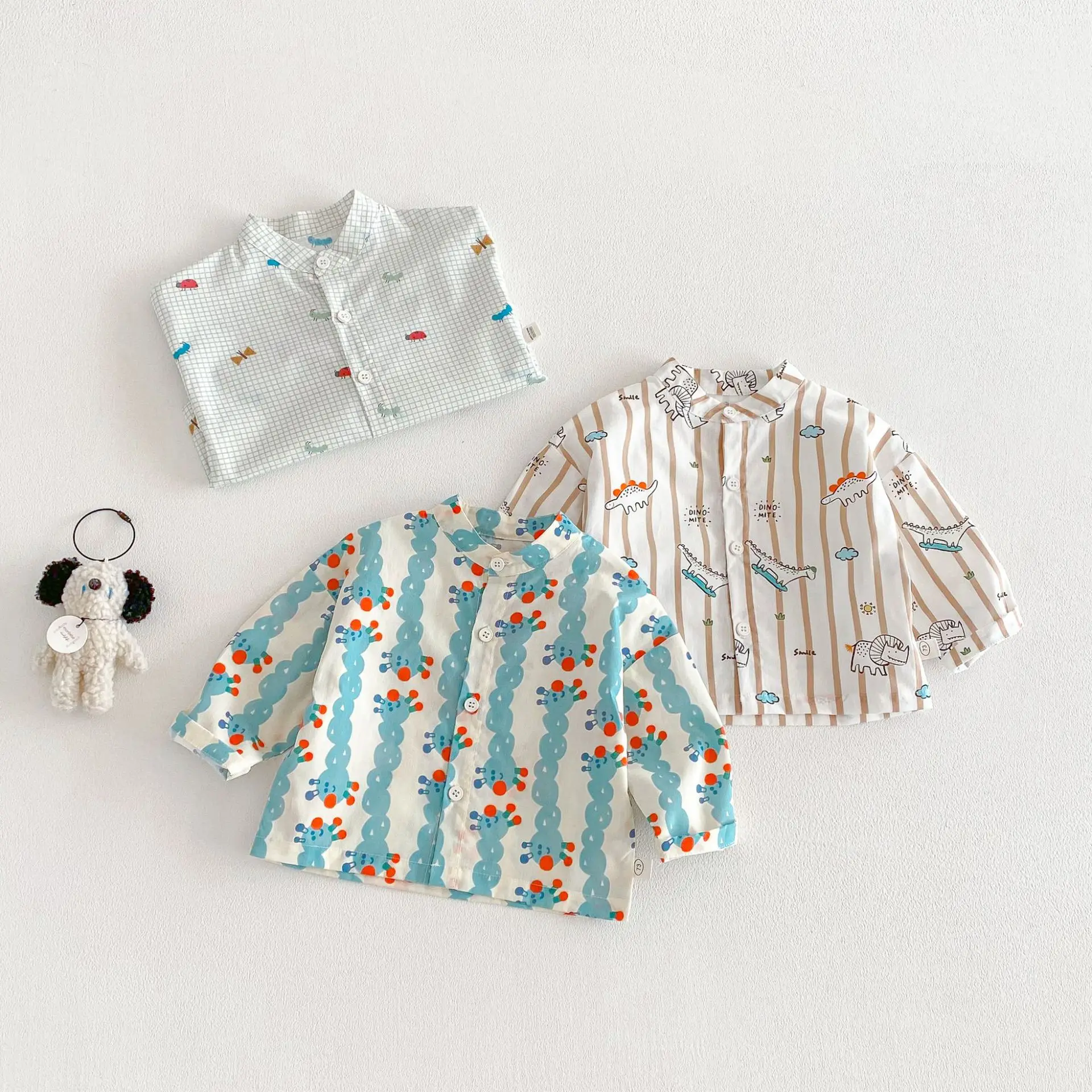 Boys' Fashion Cartoon Shirt 2026 New Spring Baby Super Cute Cartoon Dinosaur Shirt Children's Checkered Top