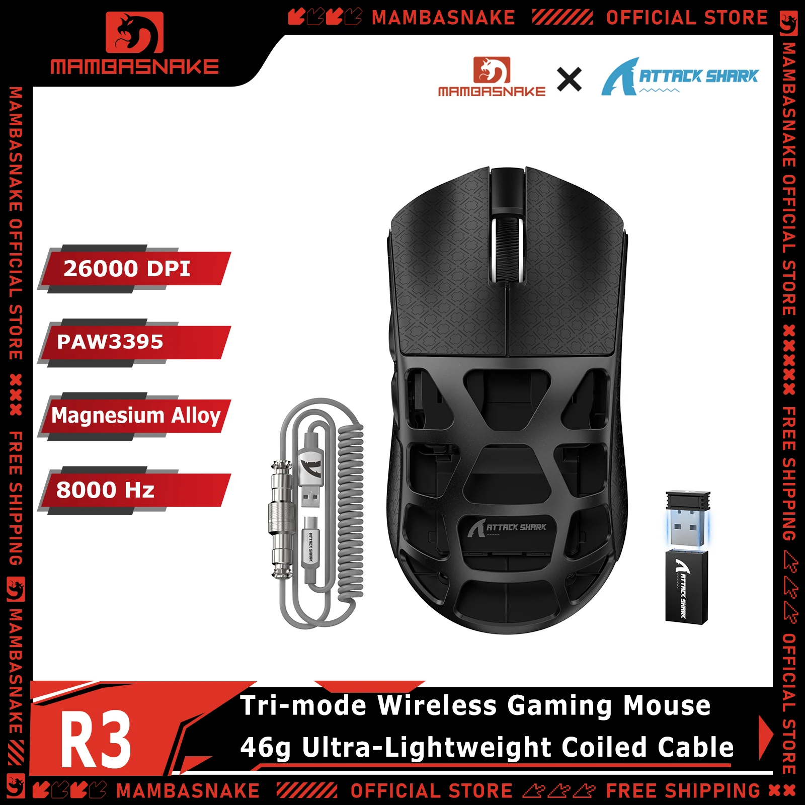 ATTACK SHARK R3 Tri-Mode Wireless Mouse With C06 Coiled Cable Magnesium Alloy 46g Ultra Light PAW3395 8000Hz RGB Gaming Mouse