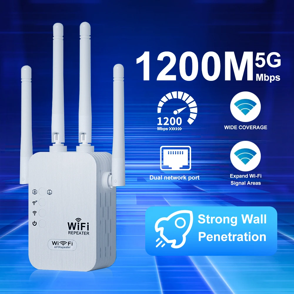 1200Mbps 5G Wireless WiFi Repeater 300Mbps 2.4G WiFi Extender Network Signal Booster Long Range WiFi Booster for Small Office