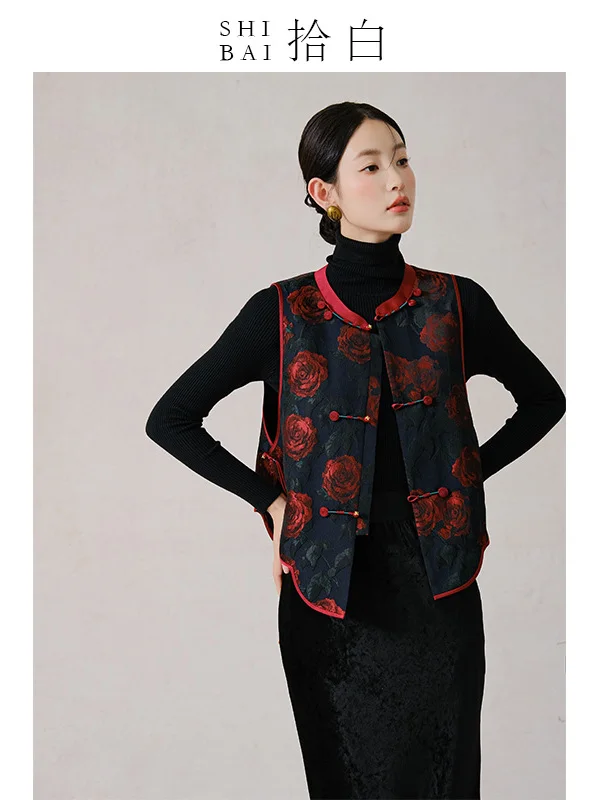 

Новый китайский традиционный жилет ibai с вышивкой в стиле ретро, с цветочным узором, красный, с подплечниками, для косплея