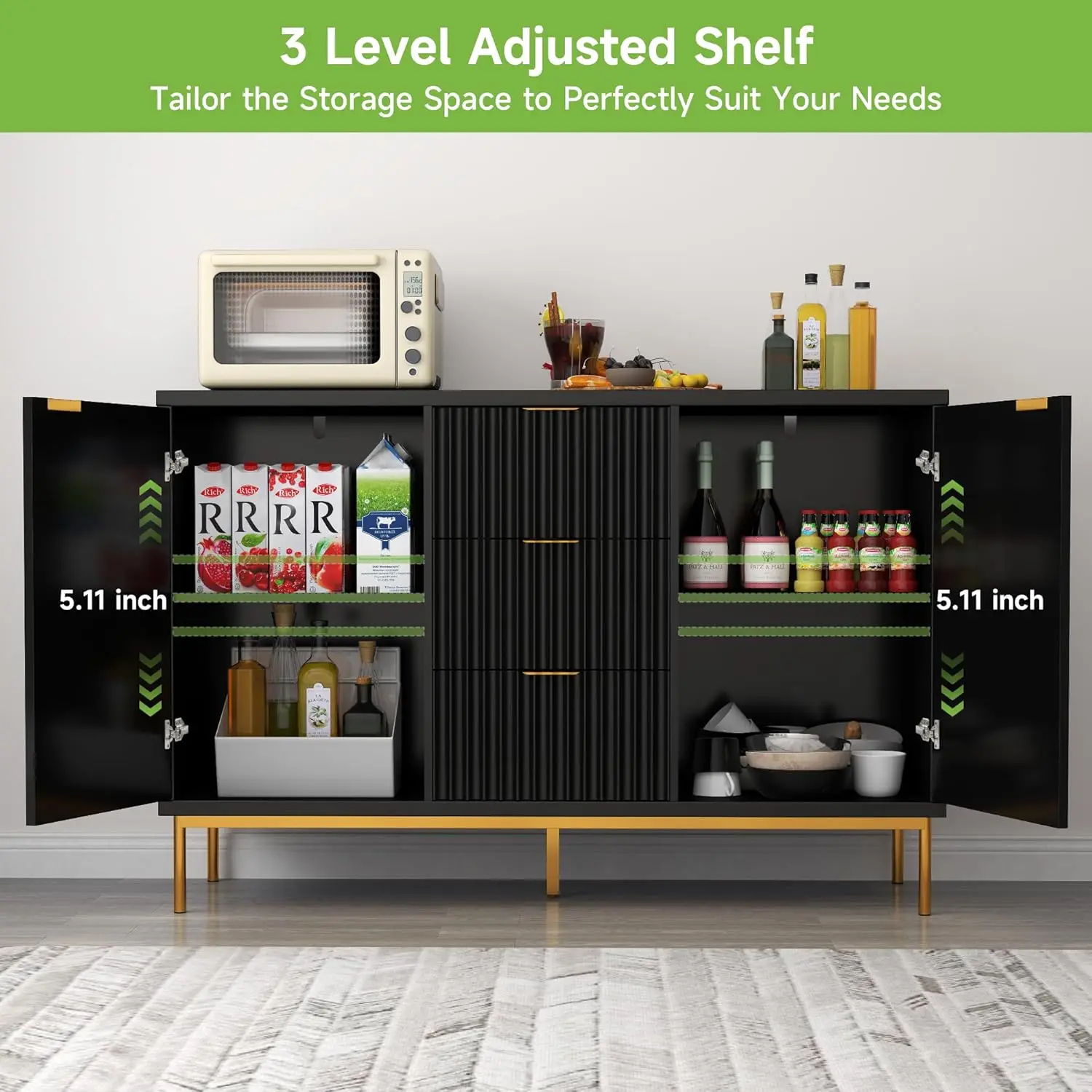 Fluted Sideboard Cabinet, Modern Black Buffet with 2 Drawers for Kitchen, Living or Dining Room