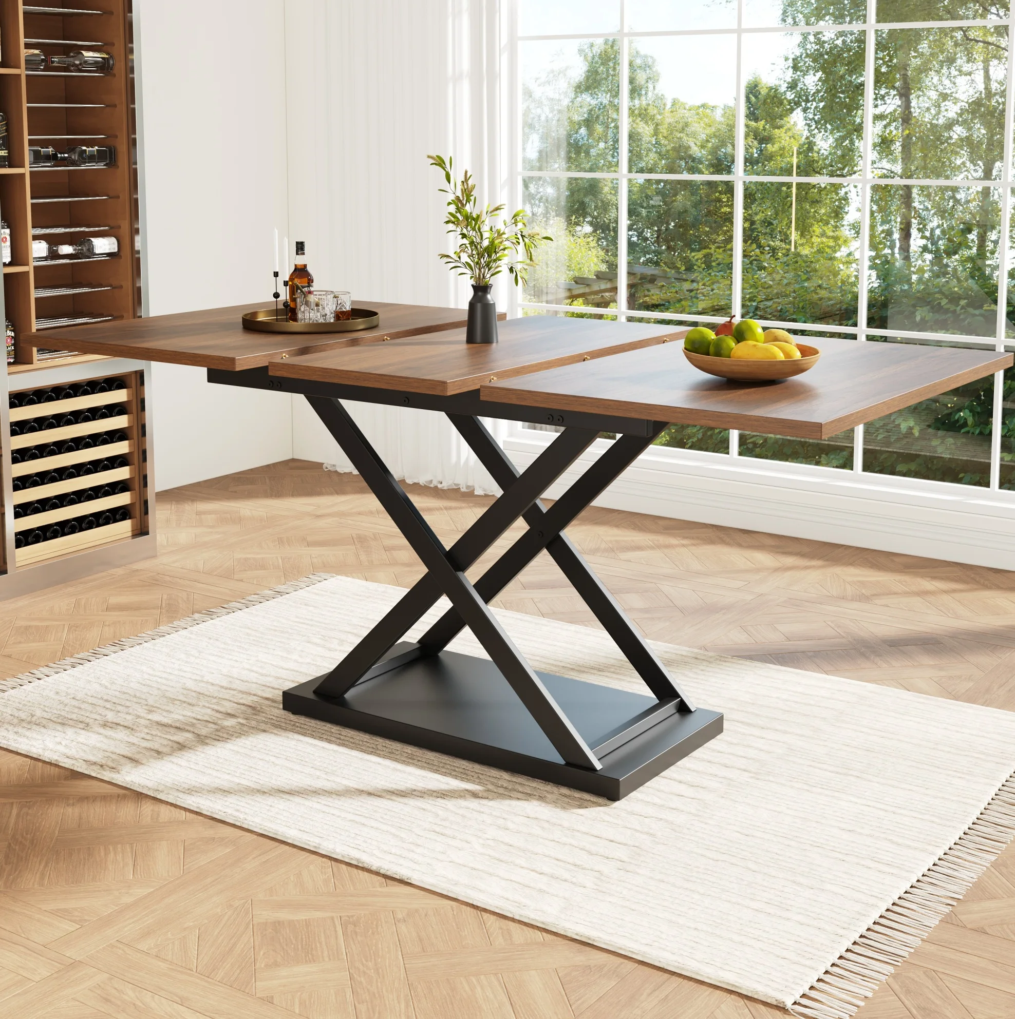 Mesa de comedor extensible de nogal de 120-160×80 cm con patas de hierro cruzadas negras para cocina y sala de estar