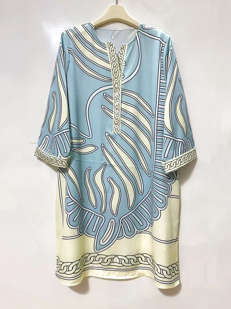 レトロ幾何学模様プリントVネックプルオーバー ストレートワンピース 2025夏 レディース Tシャツワンピース、おしゃれなゆったりストレートワンピース