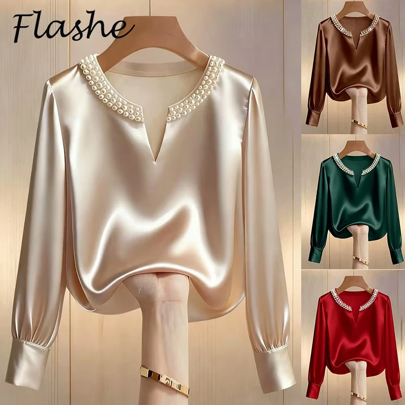 

Элегантная женская блузка с длинным рукавом и V-образным вырезом из шелка, повседневные блузы для офиса, атласные рубашки для женщин, топы на весну и лето.