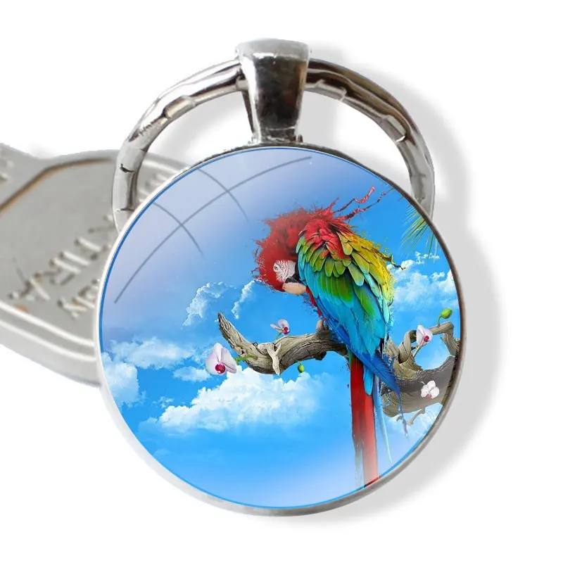 Blue Ringneck Parrot Art 25mm Glass Cabohcon Keychain Key Rings for Women Men Jewelry Gift