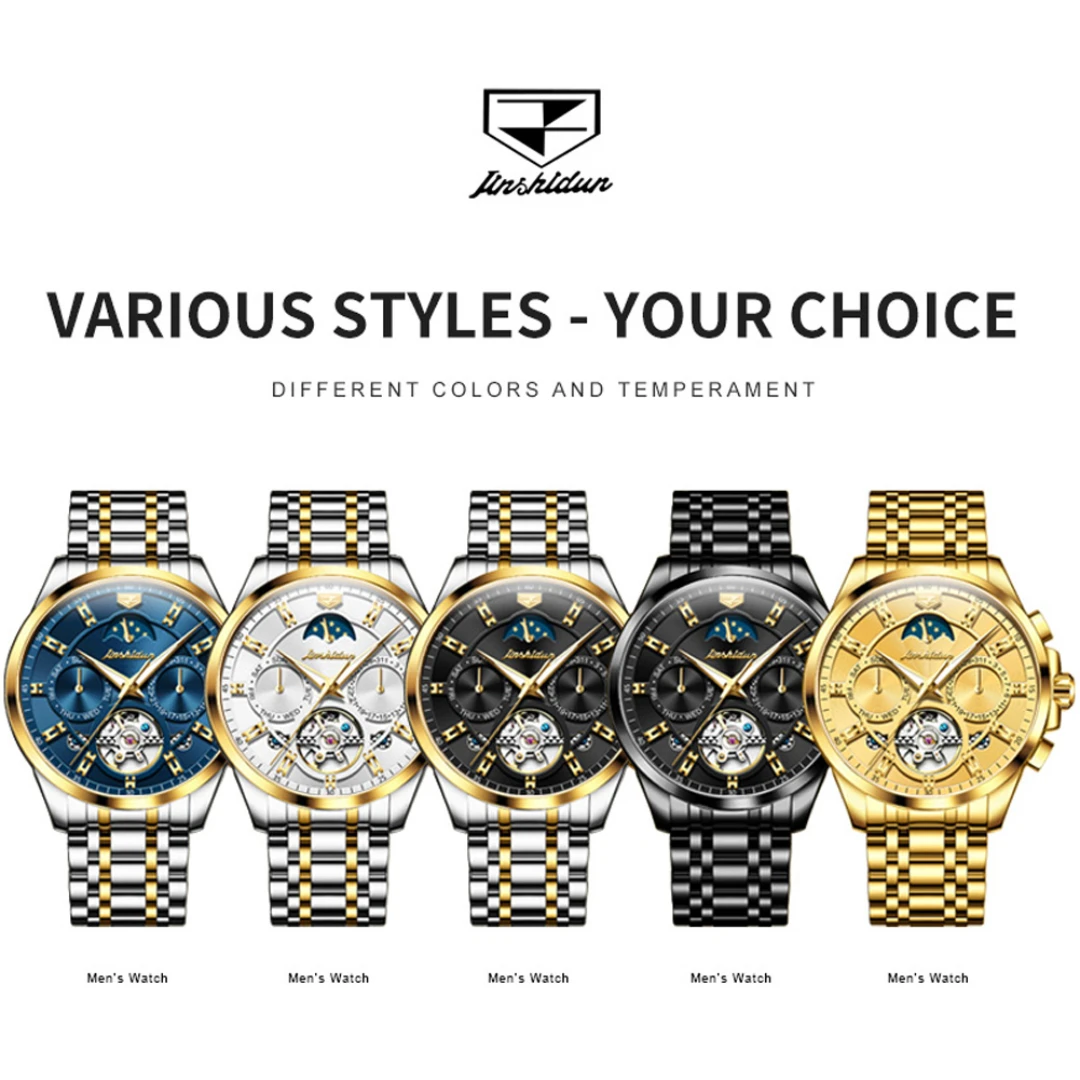 JSDUN 8945 Fashion Mechanical Watch Gift Stainless Steel Watchband Round-dial Wristwatch Moon Phase Week Display Luminous