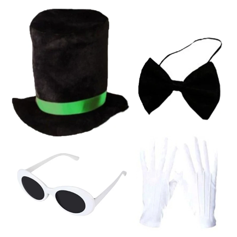 

U4LE 4Pcs Adult Top Hat with Sunglasses Necktie White Gloves Set Halloween Cosplay Costume Accessories