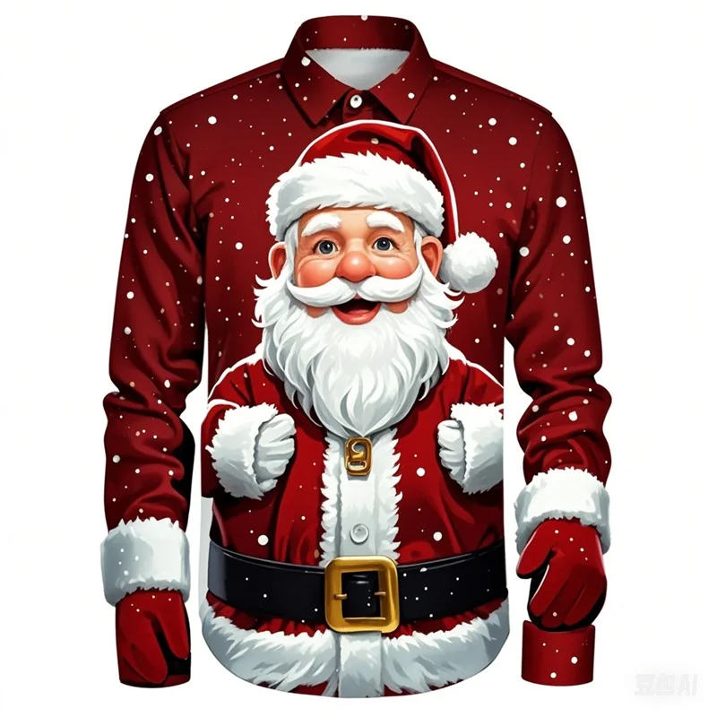 3D Print Santa Claus Graphic Shirts Merry Christmas Long Sleeve Shirts For Men Casual Oversized Button Up Shirts Blouse Clothes