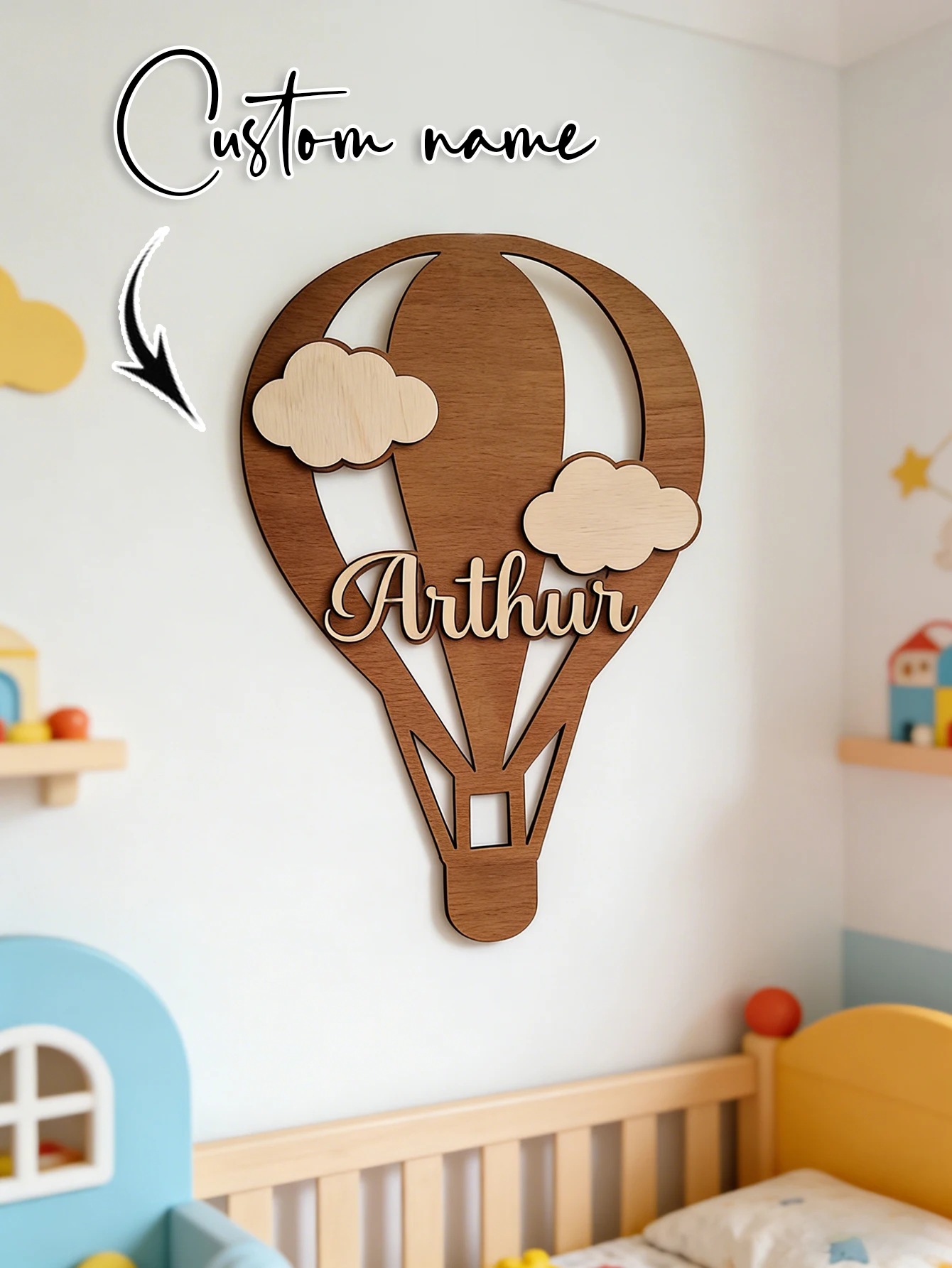 Custom Hot Air Balloon Cloud Wooden Name Sign Personalized 3D Letter Plaque Neutral Nursery Wall Decor Baby Shower Newborn Bedro