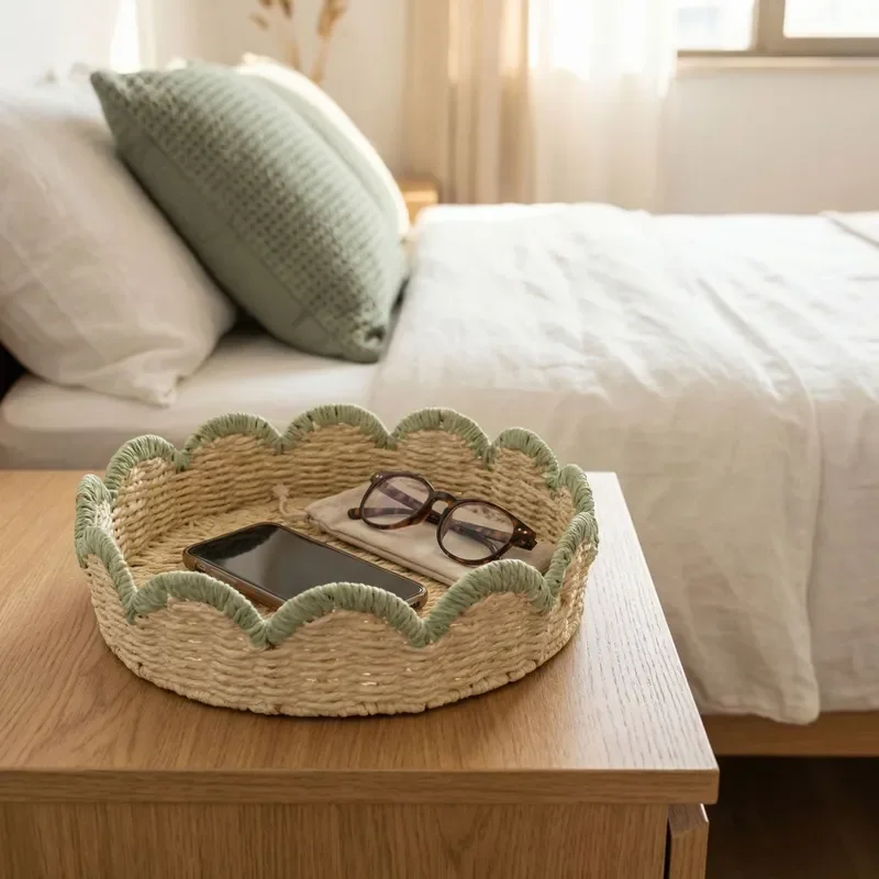 Large Capacity Desktop Paper Rope Woven Storage Basket for Coffee Table Organization Handmade Sundries and Cosmetics Holder