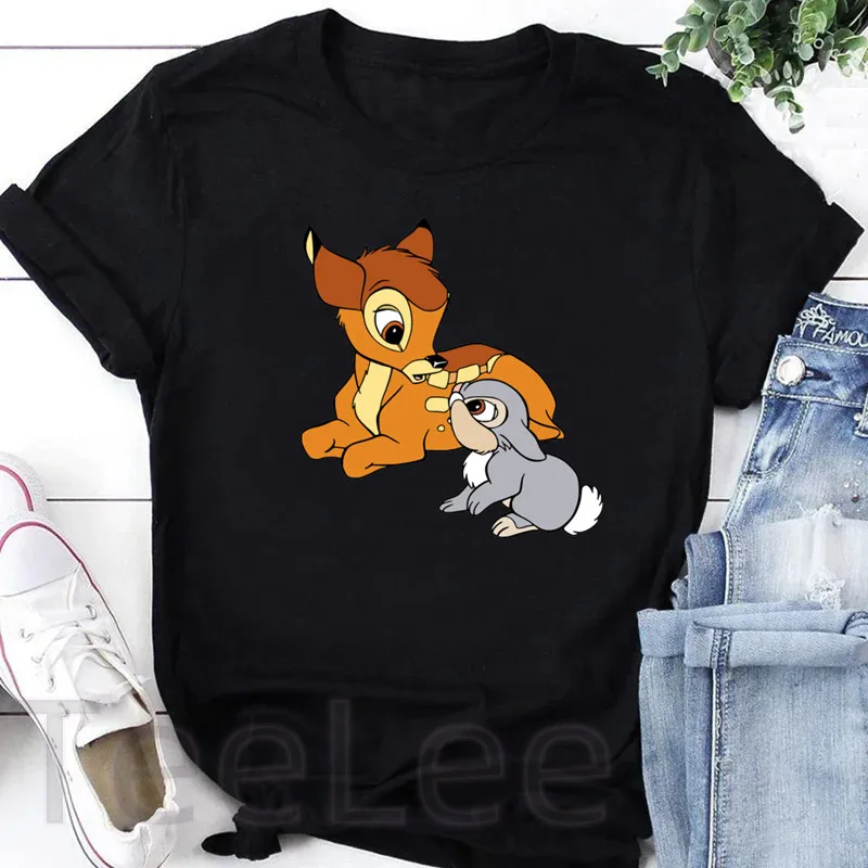 Bambi T Shirt Women Printed Rabbit Graphic Deer Tees Anime Punk Black T-shirt Cartoon Tops Casual Female Tshirt Clothing