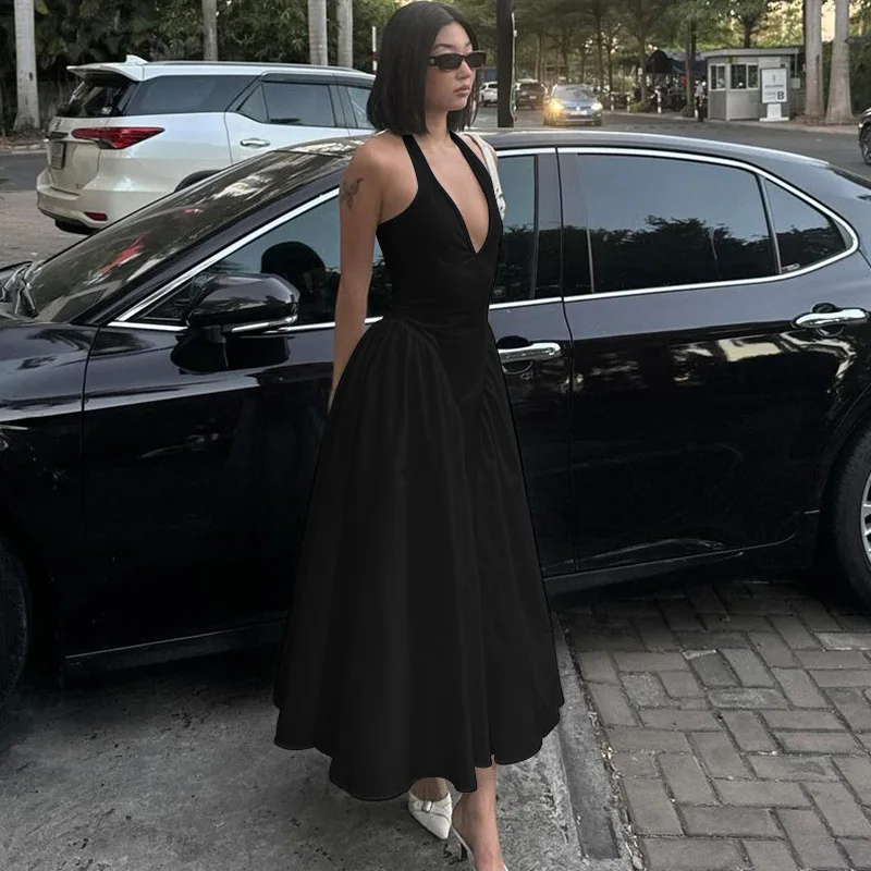 Elegant Retro Women Halter V-neck Backless Sleeveless Big Swing Bodycon Mid Maxi Long Vacation Sexy Party Evening Loose Dresses view 2