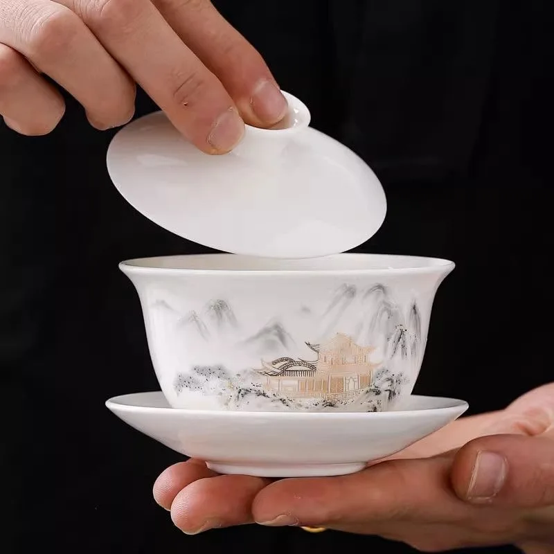 9pcs Premium traditional Chinese tea set Ceramic Suet Jade Tea cup Set Complete tea set gaiwan tea infuser Tea cups Full tea set