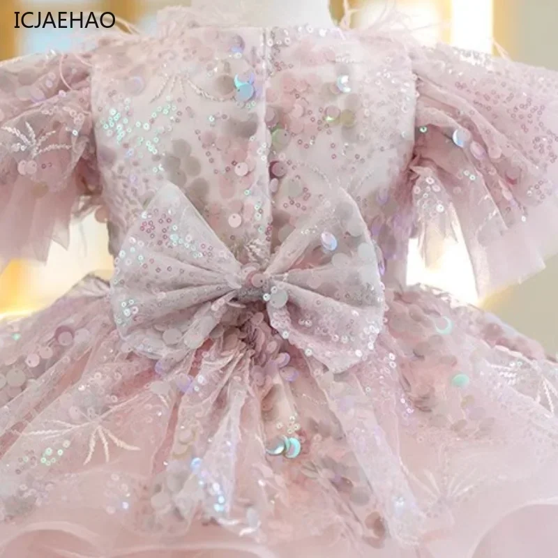 

ICJAEHAO Flower Party Kids Ball Gowns Fluffy Weddings TeenagersGirl Luxury ShinyChildren Matching Birthday Feathers Dress for