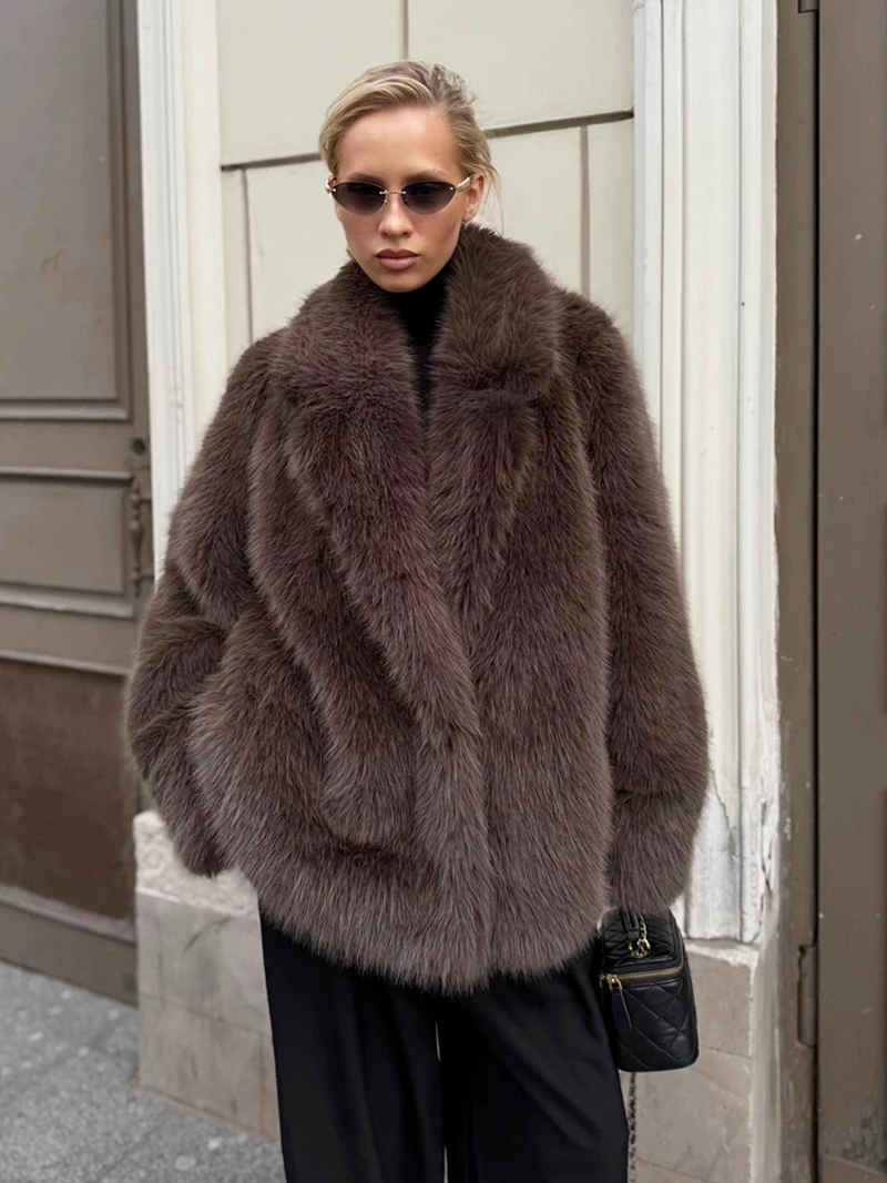 ZADORIN Premium Women's Vintage Brown Faux Fox Fur Coat Lapel Mid Length Winter Warm Artificial Fur Jackets Chic Casual Overcoat