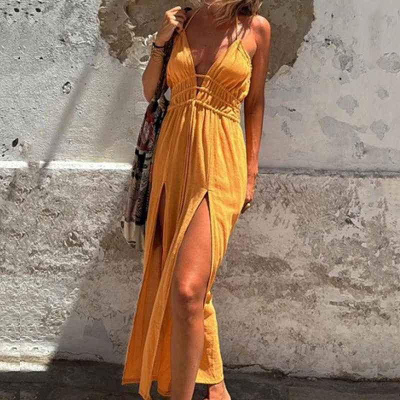 Women Sexy V Neck Tie-up Halter Dress Women Spring Solid Hollow Split Boho Long Dress Summer Sleeveless Backless Chic Maxi Dress