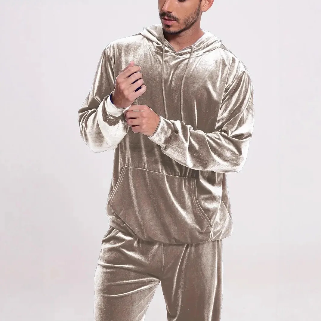 Men's Solid Color Velvet Casual Suit Long Sleeve Hooded Sweater Tights Pants Two-piece Set