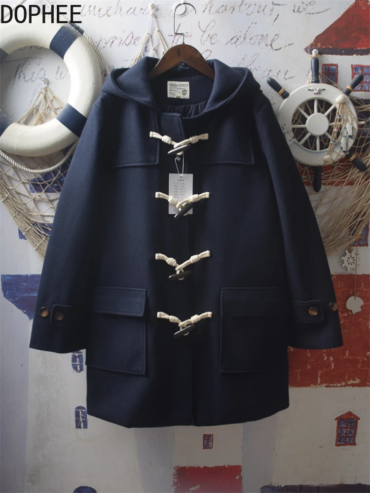 

Японское осенне-зимнее винтажное пальто с капюшоном и большими карманами на пуговицах, женское пальто средней длины, утепленная стеганая шерстяная куртка, теплое пальто