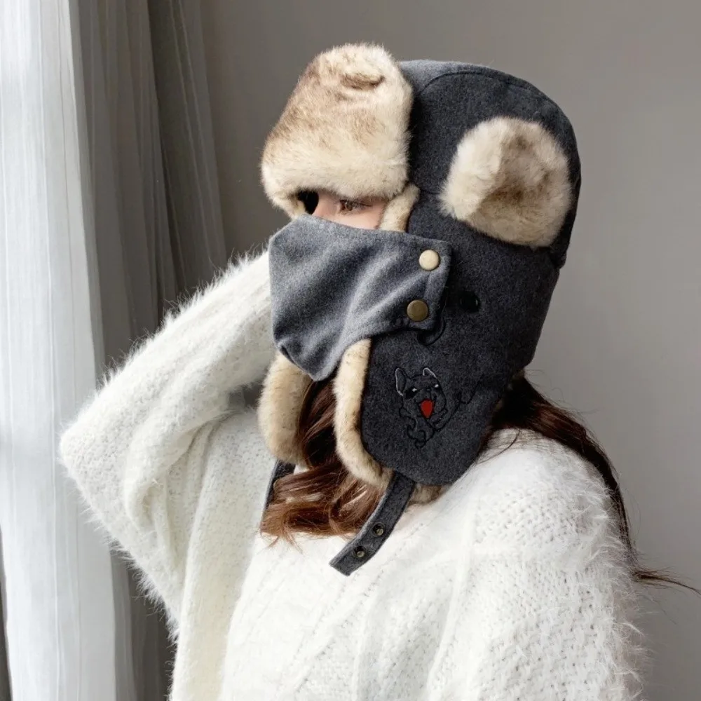New Faux Fur Lining Trapper Hat With Facemask Warm Earflap Hat Waterproof Bomber Hat Skiing
