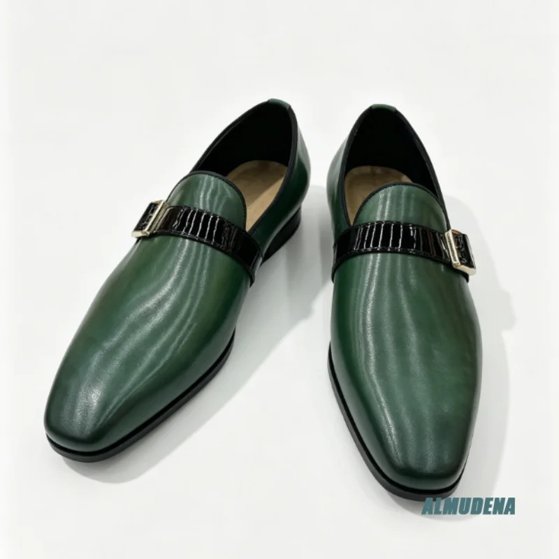 Trendy Men's Slip On Monk Shoes Glossy Patent Faux Leather Loafers Single Buckle Pointed Toe Business Evening Formal Dress Shoes
