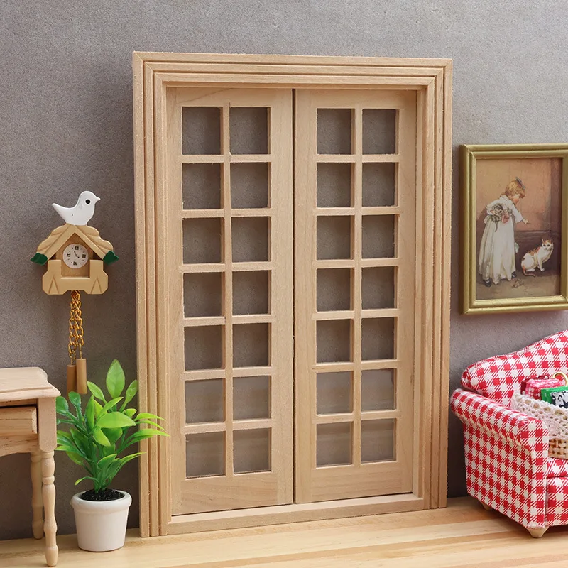 1:12 Dollhouse DIY Unpainted Double Door, 28-Grid Minimalist Window Door Model, Miniature Room Scene Building Material