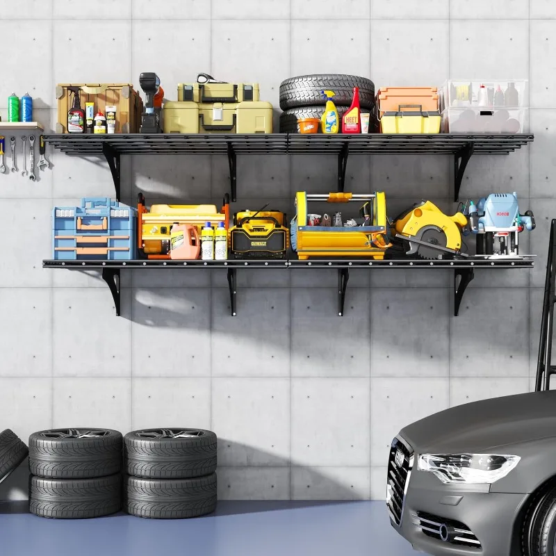 أرفف حائط للمرآب شديدة التحمل مكونة من 4 عبوات مقاس 36 بوصة × 24 بوصة (3 × 2 قدم) تخزين معدني مثبت على الحائط بسعة إجمالية 800 رطل، أسود #2