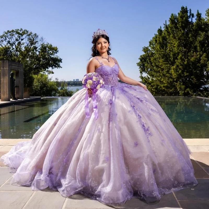 

Lilac Shiny Quinceanera Dresses Ball Gown Champagne Lining Spaghetti Strap Applique Beading Tull Sweet 16 Dress Vestido De 15