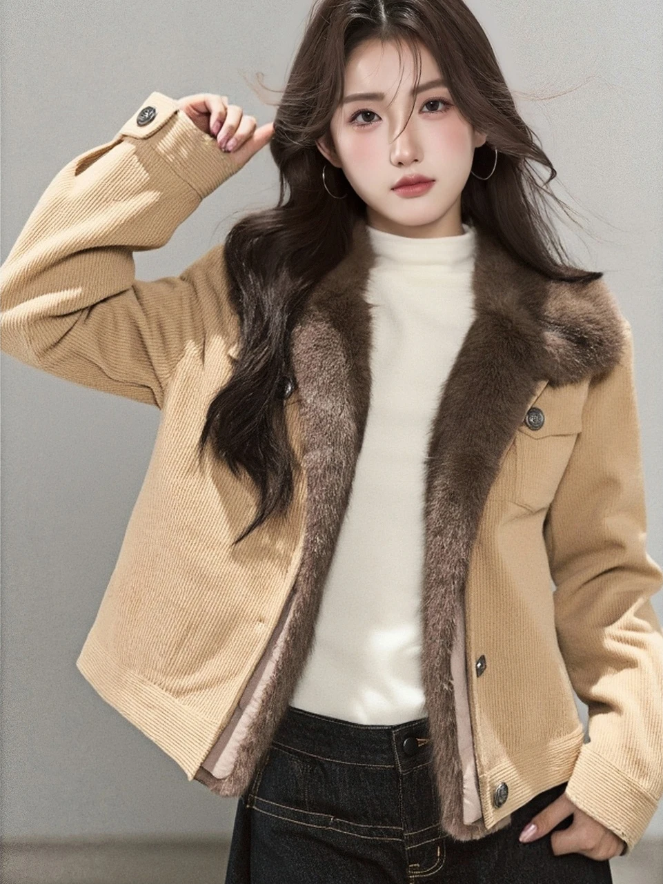 

Корейское короткое пальто с меховым воротником для женщин, модное, теплое, осень-зима 2025, новинка, универсальная женская верхняя одежда